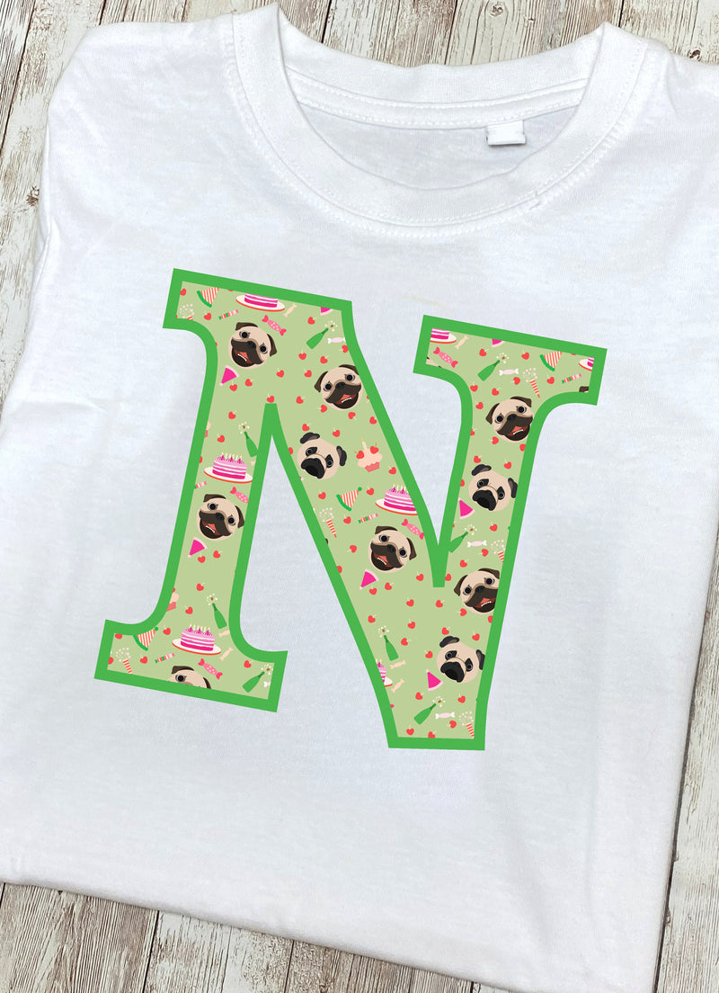 Green Pug T-Shirt Letter N