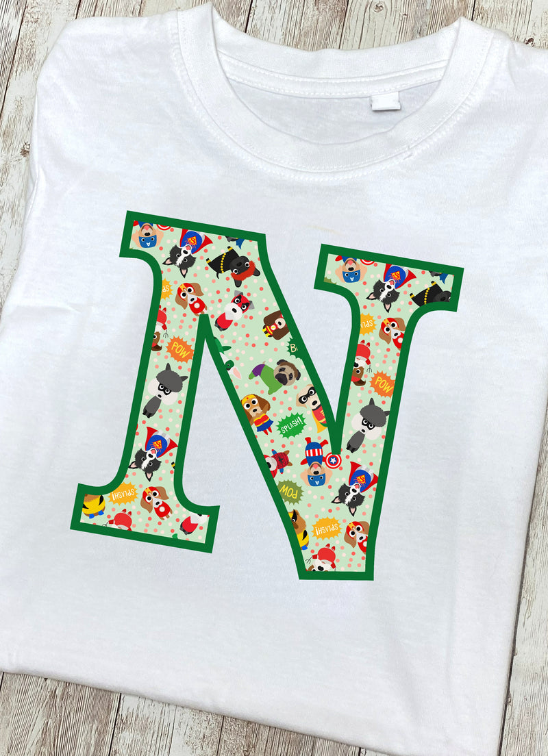 Green Pet Superheroes T-Shirt Letter N