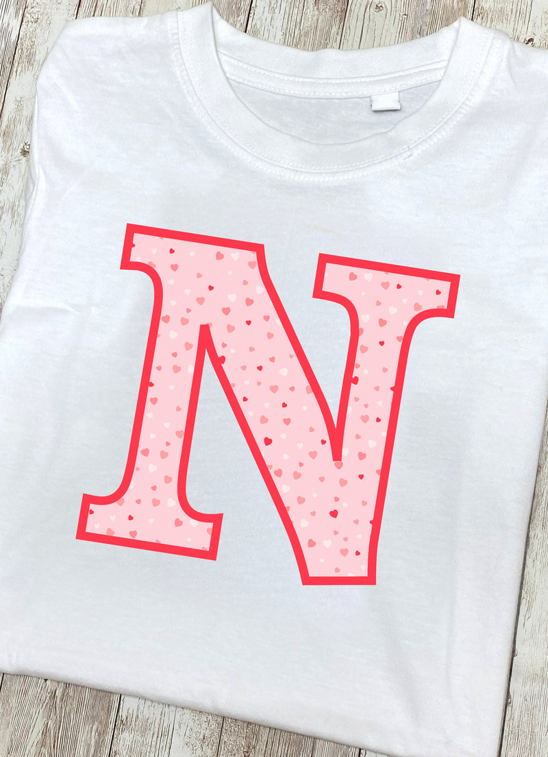 Pink Hearts T-Shirt Letter N