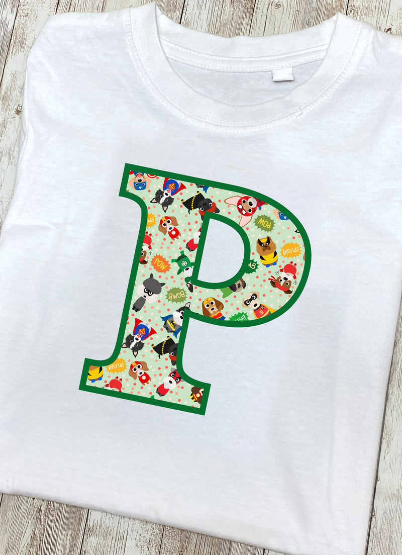 Green Pet Superheroes T-Shirt Letter P