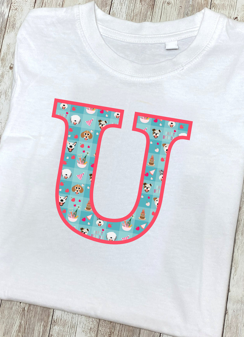 Blue Doggy Celebration T-Shirt Letter U