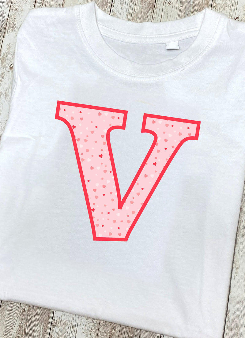 Pink Hearts T-Shirt Letter V