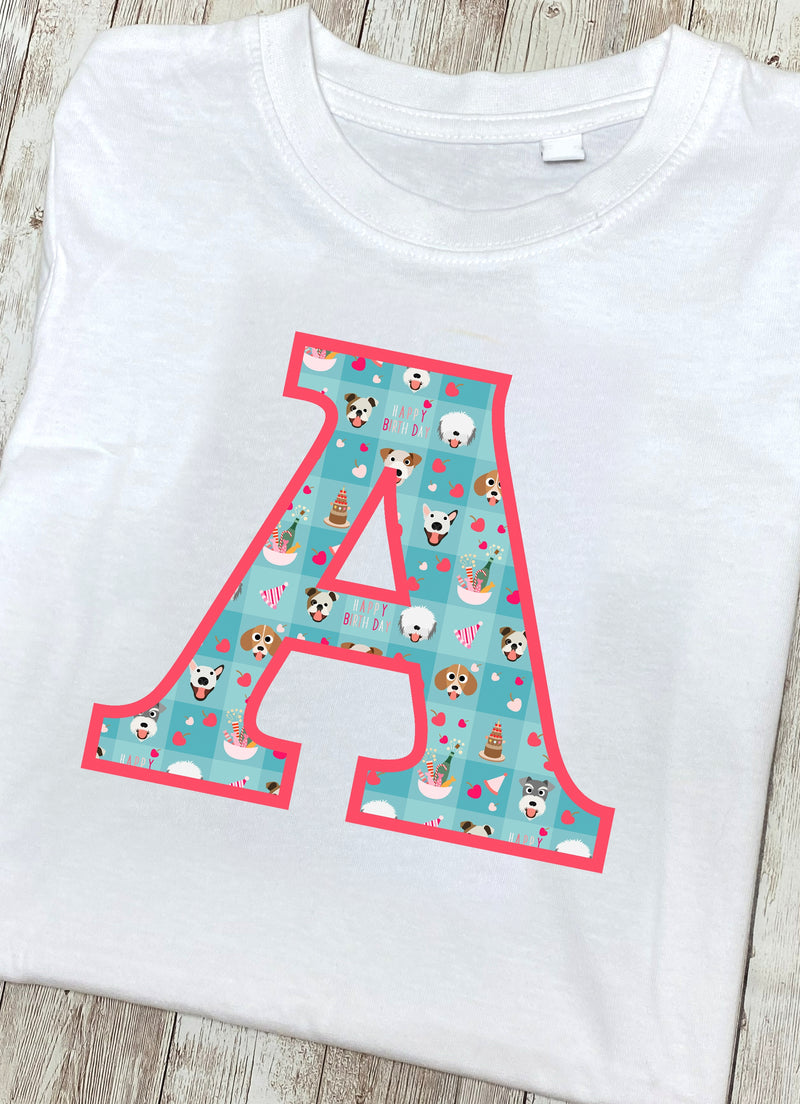 Blue Doggy Celebration T-Shirt Letter A