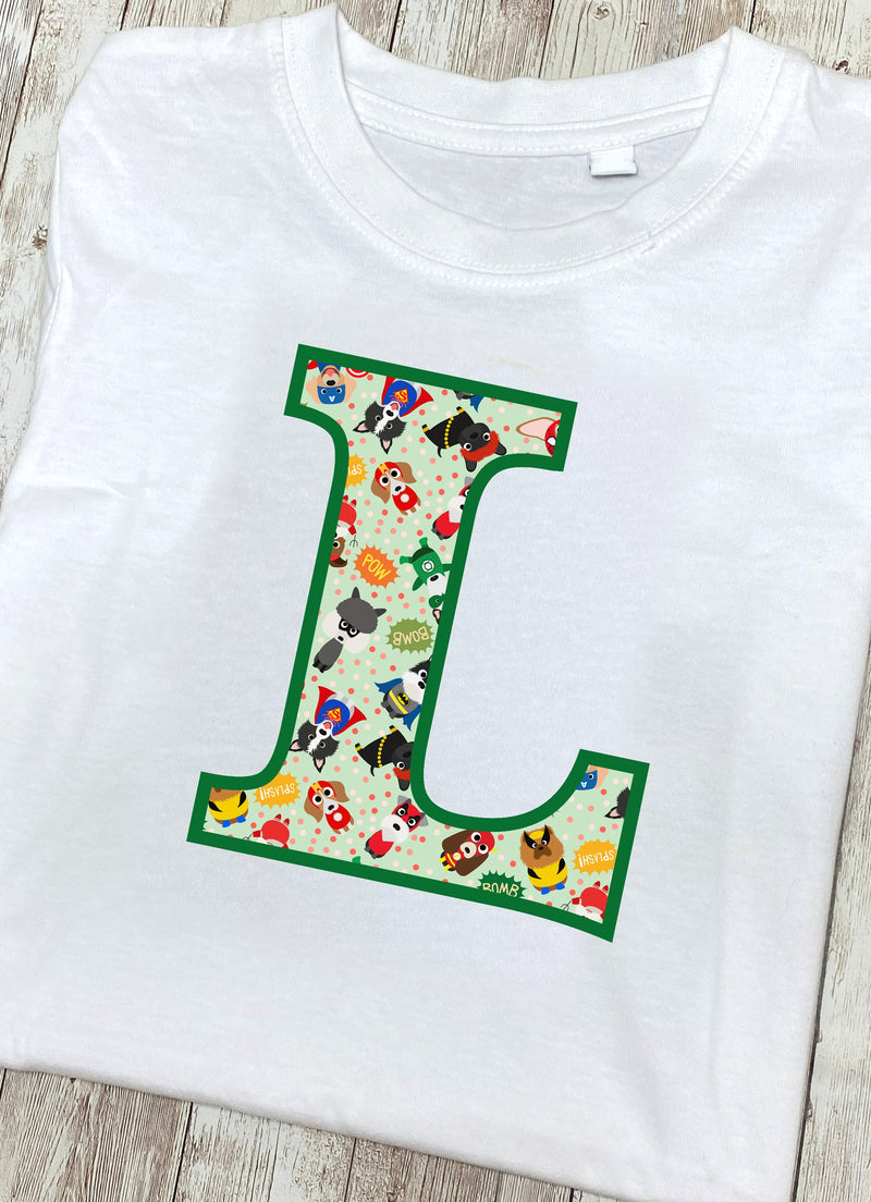 Green Pet Superheroes T-Shirt Letter L